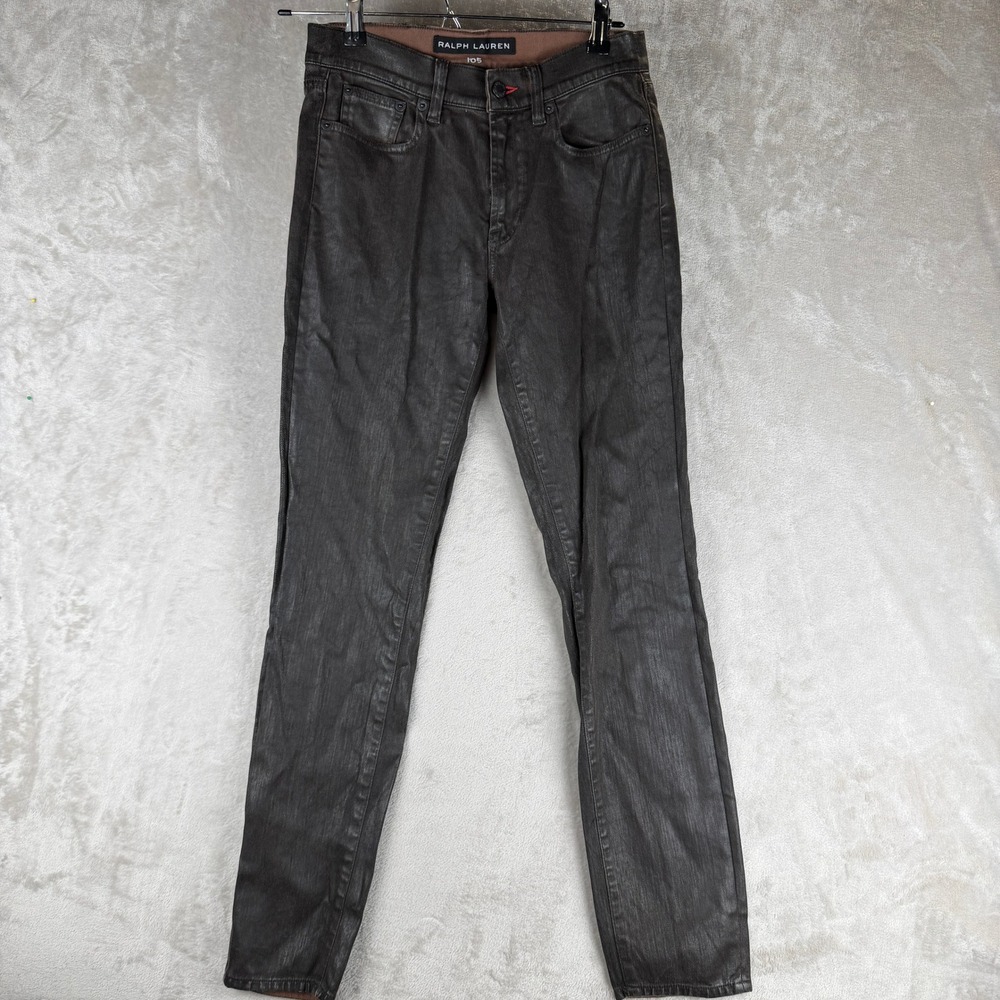 black label Ralph Lauren 105 Brown Coated Waxed Denim Slim Jeans Sz 28